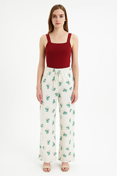 SheLoria Women's Green Floral Belted Elastic Waist Relaxed Fit Palazzo Linen ...