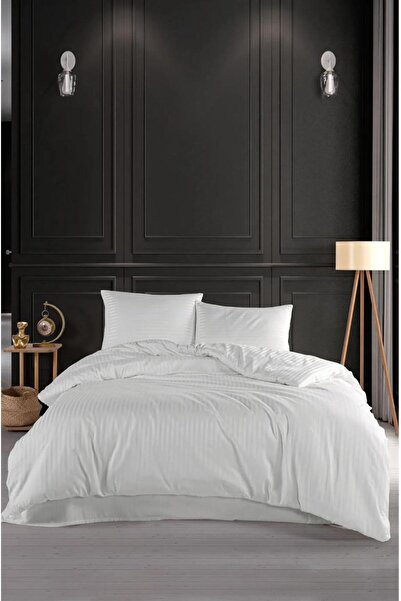 HAPPY COTTON طقم غطاء لحاف مزدوج مخطط من قطن الساتان بنسبة 100% باللون الأبيض