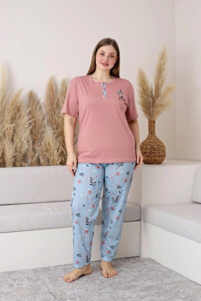 lacelove Σετ γυναικεία πιτζάμες με κοντό μανίκι 100% βαμβάκι 4XL-ροζ