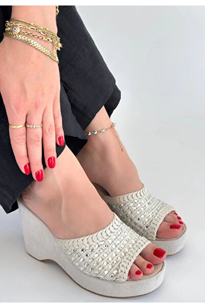 By Mop Moka Beige Knitwear Wedge Heel Slippers