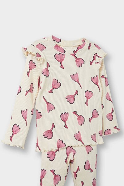 DeFacto F3714 Ecru Baby Girl 2-Piece Set Floral Ribbed Camisole Sweatshirt Flared Leggings