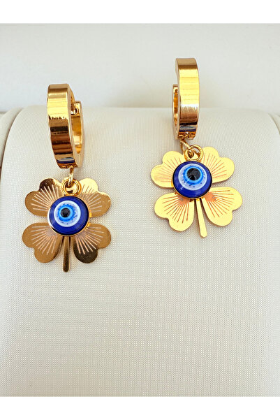 ATLASAKSESUARR Nazar Boncuklu Yonca Model Gold Çelik Küpe