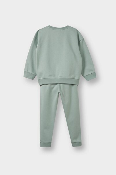 DeFacto E8995 Yeşil Kız Bebek 2'li Takım İçi Yumuşak Tüylü Baskılı Sweatshirt Eşofman Altı