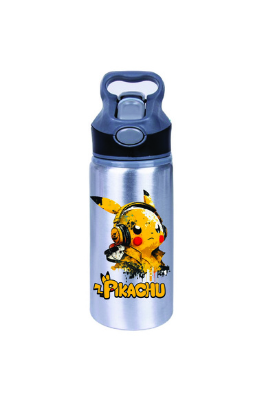 DKDZ SHOP Pikachuuu Printed Metal Silver Water Bottle 650ml. -001