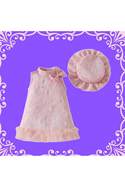 darko Çiçekli Asil İngiliz Stil Toz Pembe Beyaz Tütülü Kız Çocuk Elbise Şapka...