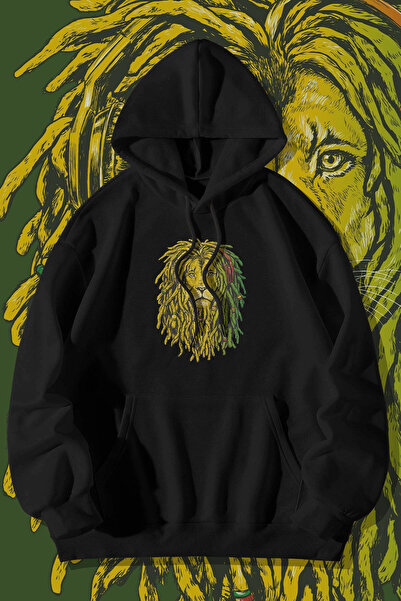 Vestiti سويت شيرت أسود كبير الحجم مطبوع عليه أسد الراستا، شال شتوي سميك