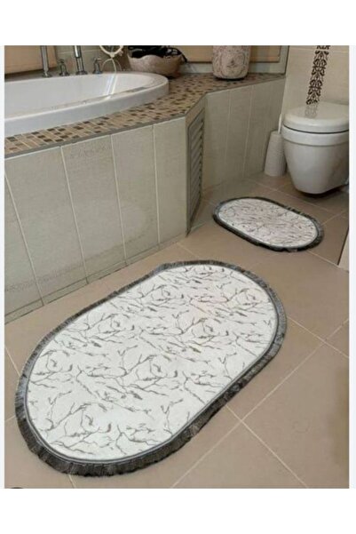 Home simli bambu 2li banyo paspas takımı beyaz gümüş 60x100 ve 40x60 kaymaz t...