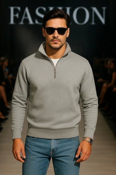 LC Waikiki سويت شيرت رجالي بياقة واقفة وسحاب نصف زرقاء اللون بثلاثة خيوط رماد...