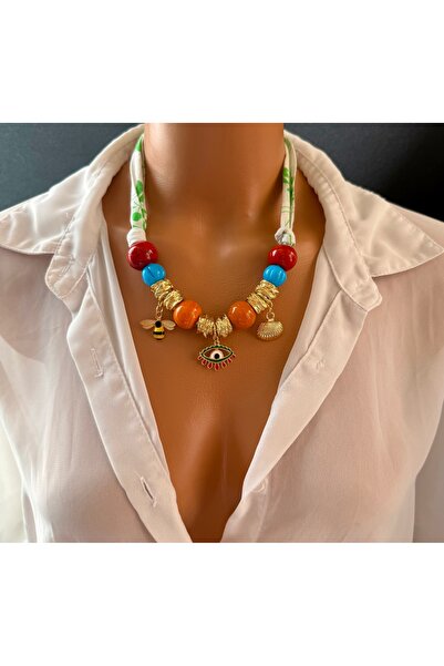 Limi Design Cam boncuklu arı charmlı bandana kolye,fular kolye,bandana necklace