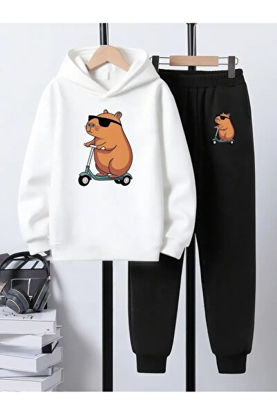 buendiakids Kız\Erkek Çocuk Beyaz-Siyah Scooter Capybara Baskılı Kapşonlu Eşo...