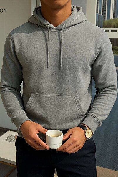 LC Waikiki سويت شيرت شتوي رجالي بأكمام طويلة وقلنسوة باللون الرمادي