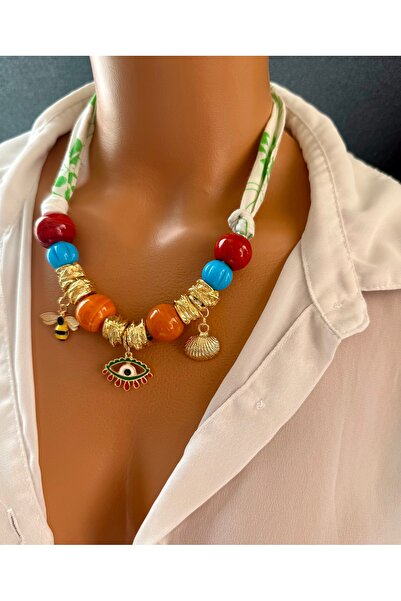 Limi Design Cam boncuklu arı charmlı bandana kolye,fular kolye,bandana necklace