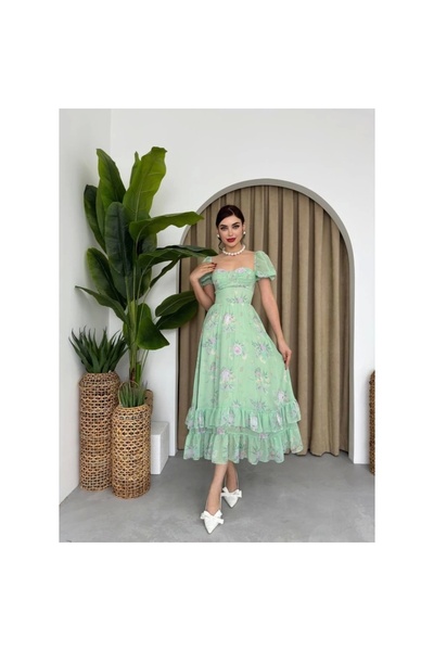 POLEXP Φόρεμα με μοτίβο ψηφιακής εκτύπωσης από ύφασμα σιφόν πράσινο