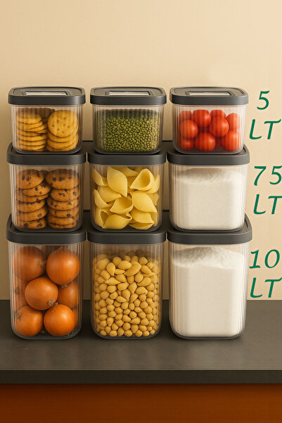 EVONİTA 5 Lt, 7,5 Lt, 10 Lt 9lu set Deterjan Tablet Saklama Çizgili Kutusu Kayar Kapaklı Erzak Bakliyat Kabı