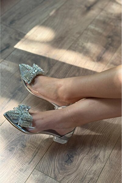 TrendyAnka Lady Princess Silver Nude 2cm Transparent Heeled Crystal Bow Stone Ballerina Wedding Engagement Evening Dress Shoes