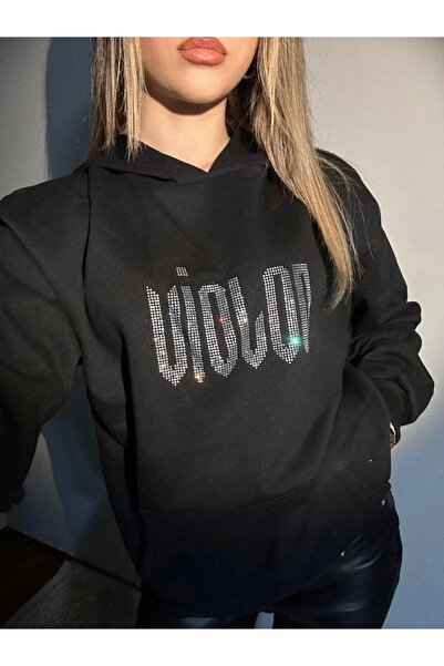 Violon سويت شيرت أسود بقلنسوة مع نقش مطرز بالحجارة