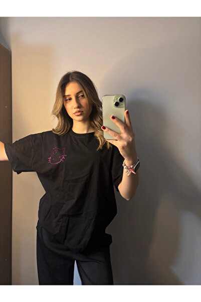 Violon تي شيرت أسود كبير الحجم للجنسين مطرز بالحجر الوردي مع نقش من حجر الراين