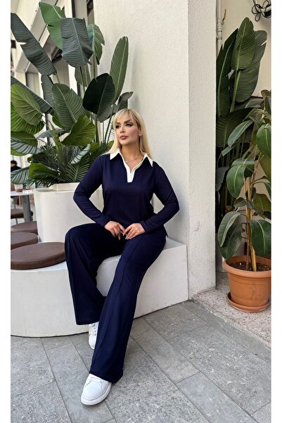 Butik Nilyam Women's Plus Size Shirt Collar Detailed Blouse Flexible Pants Set 24905