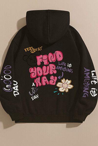 CLASSY.MODA Unisex Oversize 3 Thread Hoodie 🐻 🌼   Find Your Way Patterned Hooded Sweatshirt Casual Comfortable Style