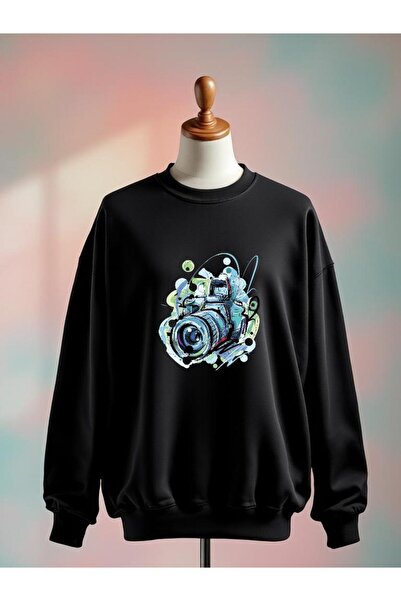 Vordevia سويت شيرت أسود كبير الحجم مصنوع من القطن مطبوع عليه صورة كاميرا بثلا...