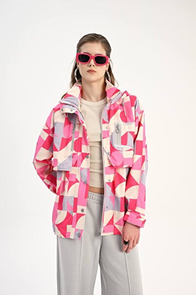 Genel Markalar Geometrik Desen Fuşya Yağmurluk
