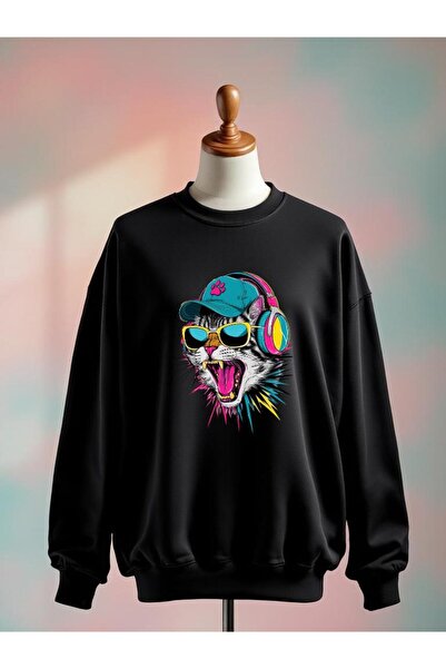 Vordevia سويت شيرت أسود كبير الحجم مصنوع من القطن بطبعة قطة و3 خيوط