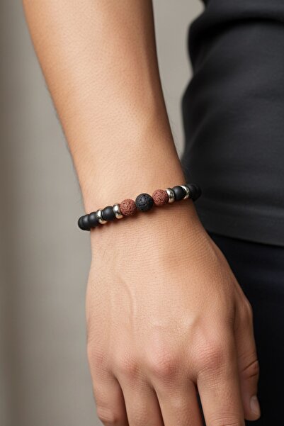 PRVT Men's Bracelet with Black Matte Stone, Brown and Black Lava Stone Detail...