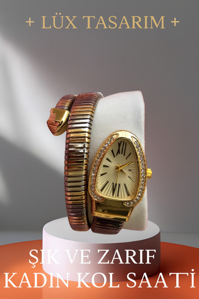 Enjoy Luxury Design Gold Silver Color Women's Wristwatch Elegant Stone Detailed Snake Model Stylish Bracelet Model