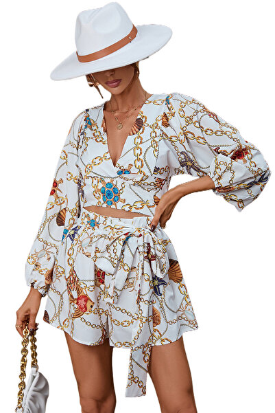 Song Feng Ya Nordic Floral Long Sleeve Shorts V-neck Jumpsuit M Size Suitable for Waist about 62-84CM