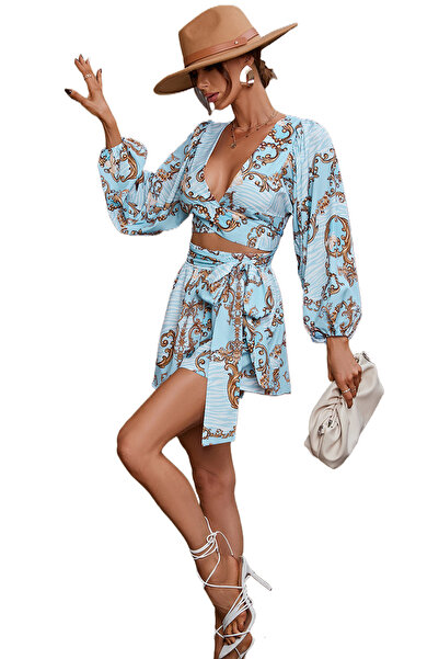 Song Feng Ya Nordic Floral Long Sleeve Shorts V-neck Jumpsuit M Size Suitable for Waist about 62-84CM