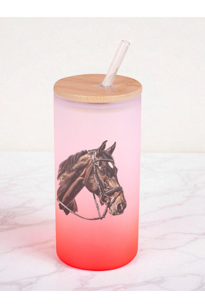 lili hediyelik Horse Head Printed 600 ml Glass Flask - Water Flask, Drinking Flask, Glass Flask with Glass Straw