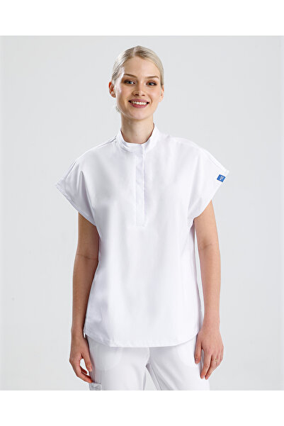 Wio Uniform Sanem - Kadın Likralı Medikal Scrubs Üniforma Takımı Beyaz Doktor Hemşire Hastane Forması Üst