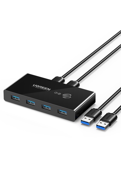 Ugreen Stație de andocare cu 2 cabluri USB, 4 USB-A, LED, 5Gbs/s, 1,5 m, cutie de comutare partajată US216, neagră