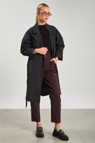 BARRELS AND OIL Women's Double Button Double Breasted Collar Trench Coat - Black