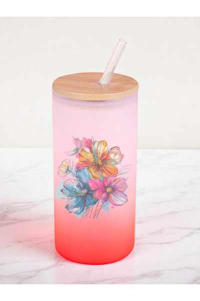 lili hediyelik Flowers Printed 600 ml Glass Flask - Water Flask, Drinking Flask, Glass Flask with Straw