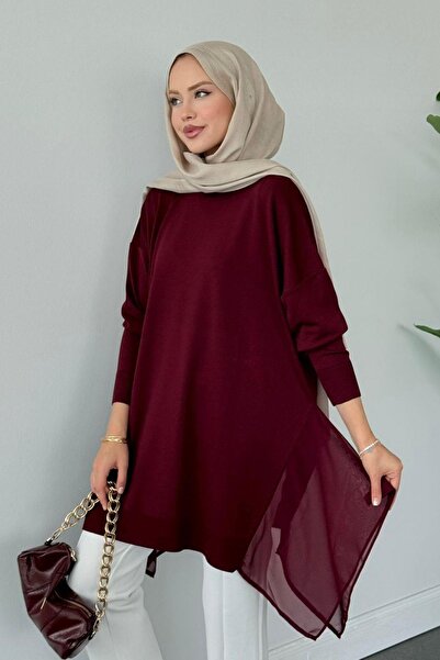 Hazamoda Hüda Şifon Detaylı Merserize Tunik Bordo