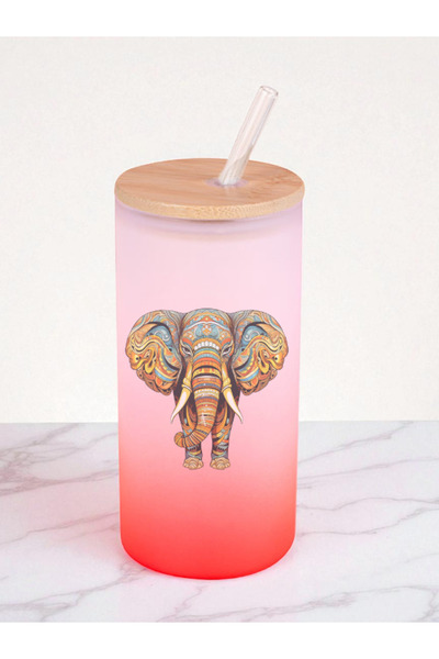 lili hediyelik Glass Flask with Elephant Print - Water Flask, Water Bottle, Glass Flask with Straw