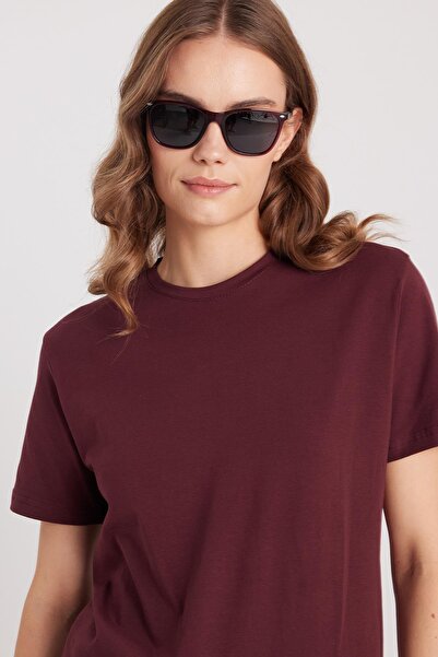 Tudors Γυναικείο μπλουζάκι με λεπτή εφαρμογή, βαμβακερό, μαλακό ύφασμα, ελαστικό ύφασμα λύκρα, βασικό μπλουζάκι με λαιμόκοψη μπορντό