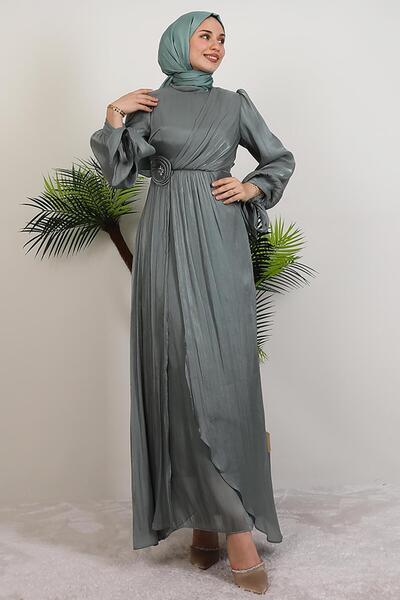 GİYZAMİLA Beli Gül Detay Abiye Soft Yeşil