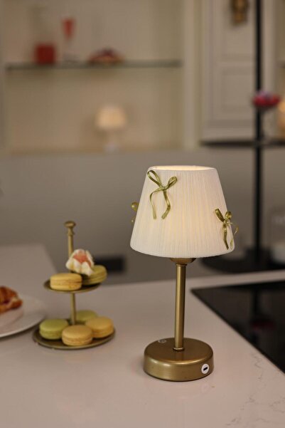 Maison Avf Krem Kadife Süet Gold Fiyonk Kablosuz Şarjlı Masa Lambası - Alt Uzun Eskitme Gold