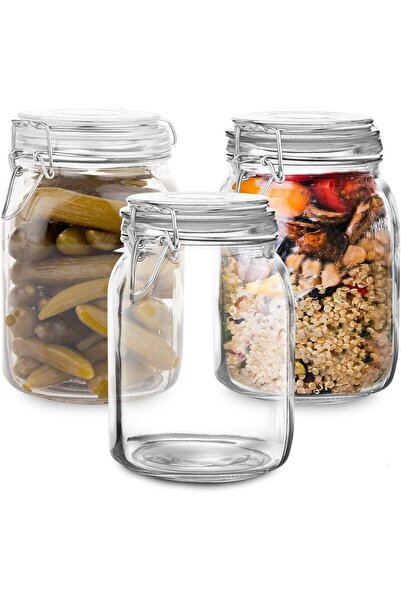 erorex Set 3 Clear Glass Jars Lid | Airtight Glass Storage Container Food, Flour, Pasta, Coffee, Candy,
