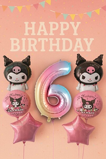 PARTİAVM 6 Yaş Kuromi Balon Set Doğum Günü Balon Seti Gökkuşağı Rakam Pembe Y...