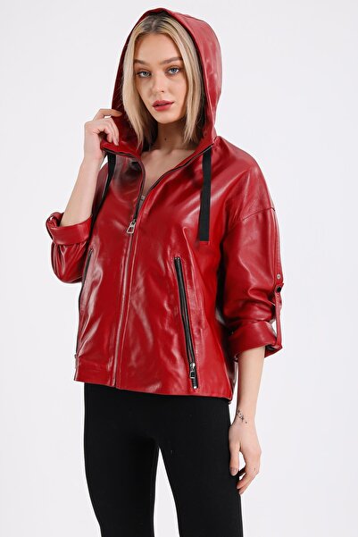 MQ Leather Maroquin Leather Gaga Kadın Kapüşonlu Deri Mont