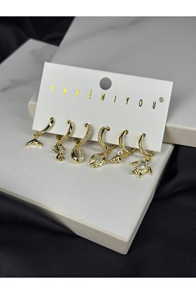 Duera 14k Altın Kaplama 6'lı Deniz Konseptli Küpe Seti