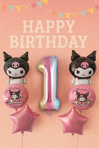 PARTİAVM 1 Year Old Kuromi Balloon Set Birthday Balloon Set Rainbow Figure Pi...
