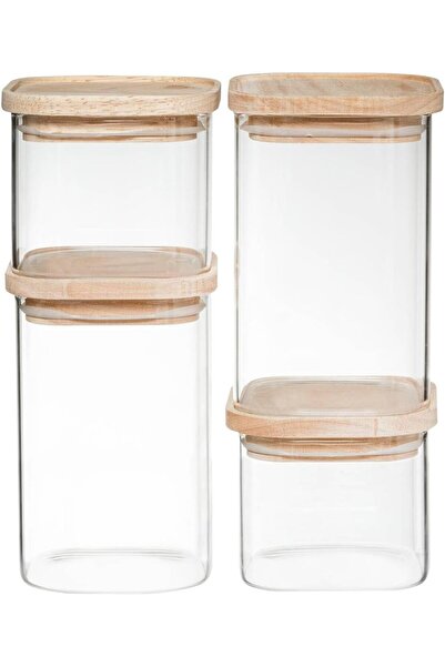 erorex Five Glass Jar X 4 Stackable + Wooden Lid, 10 X 10 X 8.2 Cm/10 X 10 X 8.2 Cm/10 X 10 X 15.2 Cm/10 X