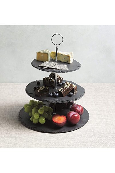 erorex Natural Black Stone 3 Tier Round Slate Cake Stand Chrome Carry Loop, Dessert Serving Stand Perfect