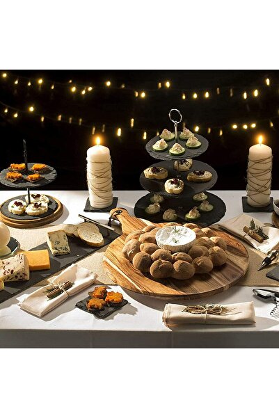 erorex Natural Black Stone 3 Tier Round Slate Cake Stand Chrome Carry Loop, Dessert Serving Stand Perfect