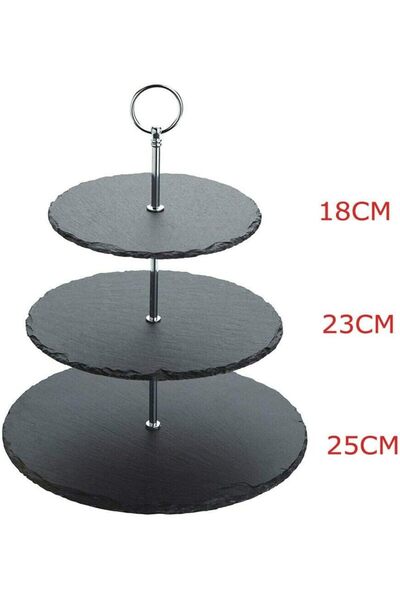 erorex Natural Black Stone 3 Tier Round Slate Cake Stand Chrome Carry Loop, Dessert Serving Stand Perfect