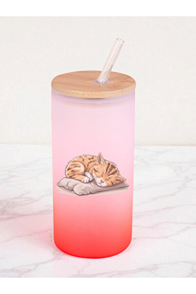 lili hediyelik Sleeping Cat Printed 600 ml Glass Flask - Water Flask, Drinking Flask, Glass Flask with Straw
